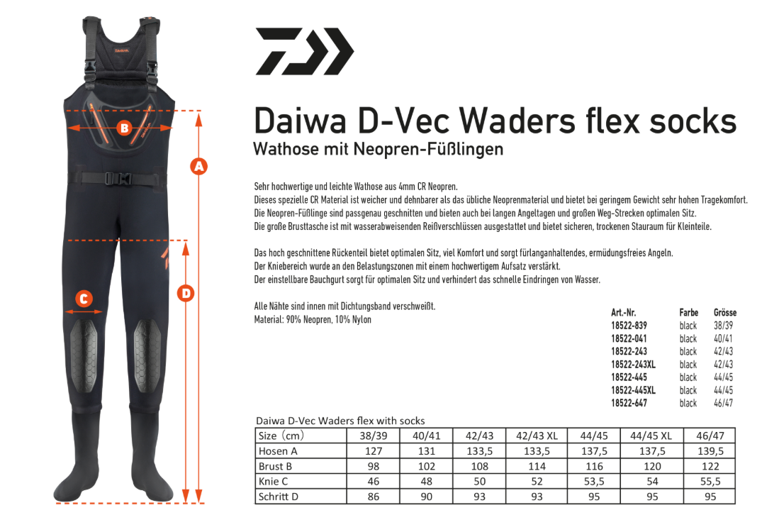 Daiwa D-Vec Waders Flex Socks Größentabelle